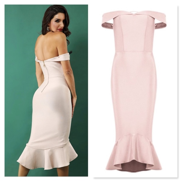 Bandage Off Shoulder Midi Mermaid Dress Blush Nude - Picture 6 of 9